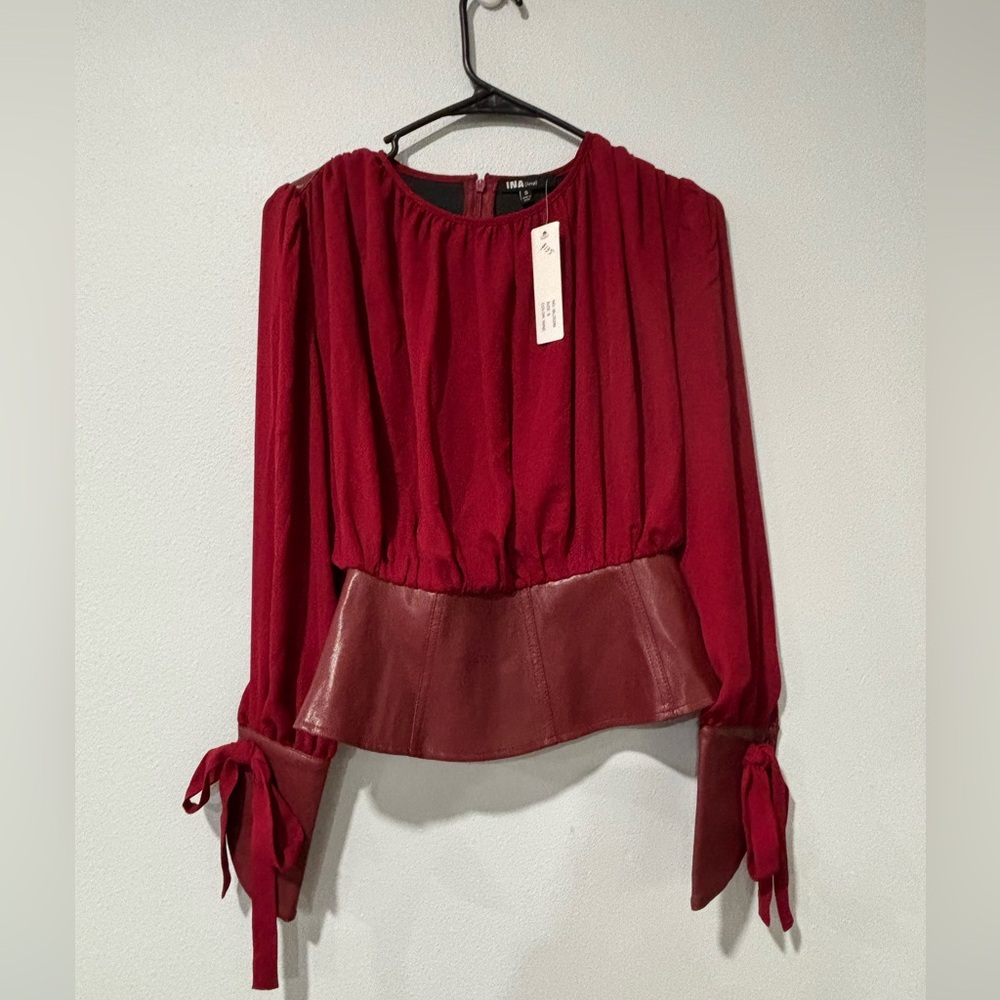 Ina Deep Red Blouse with Tie-Up Sleeves Small